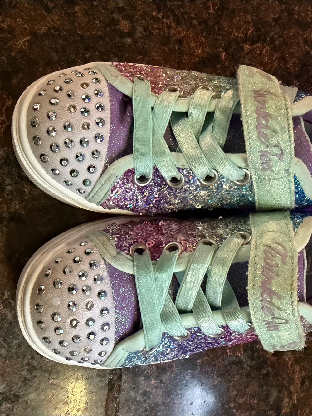 Skechers Girls Glitter Sneakers in Purple and Mint with Rhinestone Toe